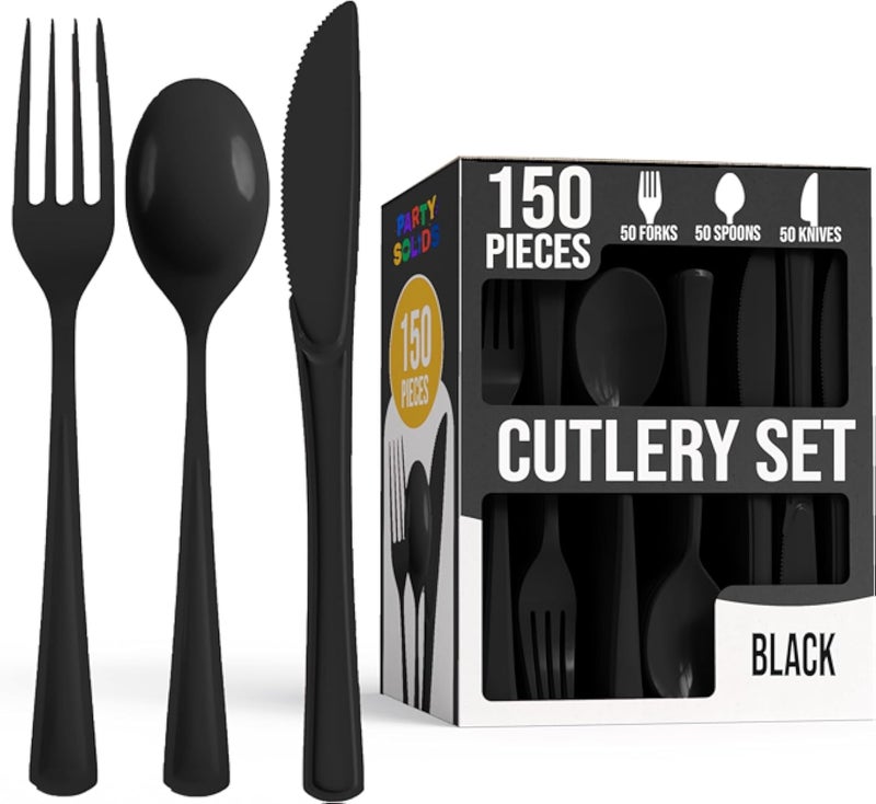 Exquisite 150 Pack Black Plastic Utensils Heavy Duty Cutlery Set 50 Plastic Forks 50 Plastic Spoons 50 Plastic Knives Perfect Plastic Silverware Party Pack Set for all occasions